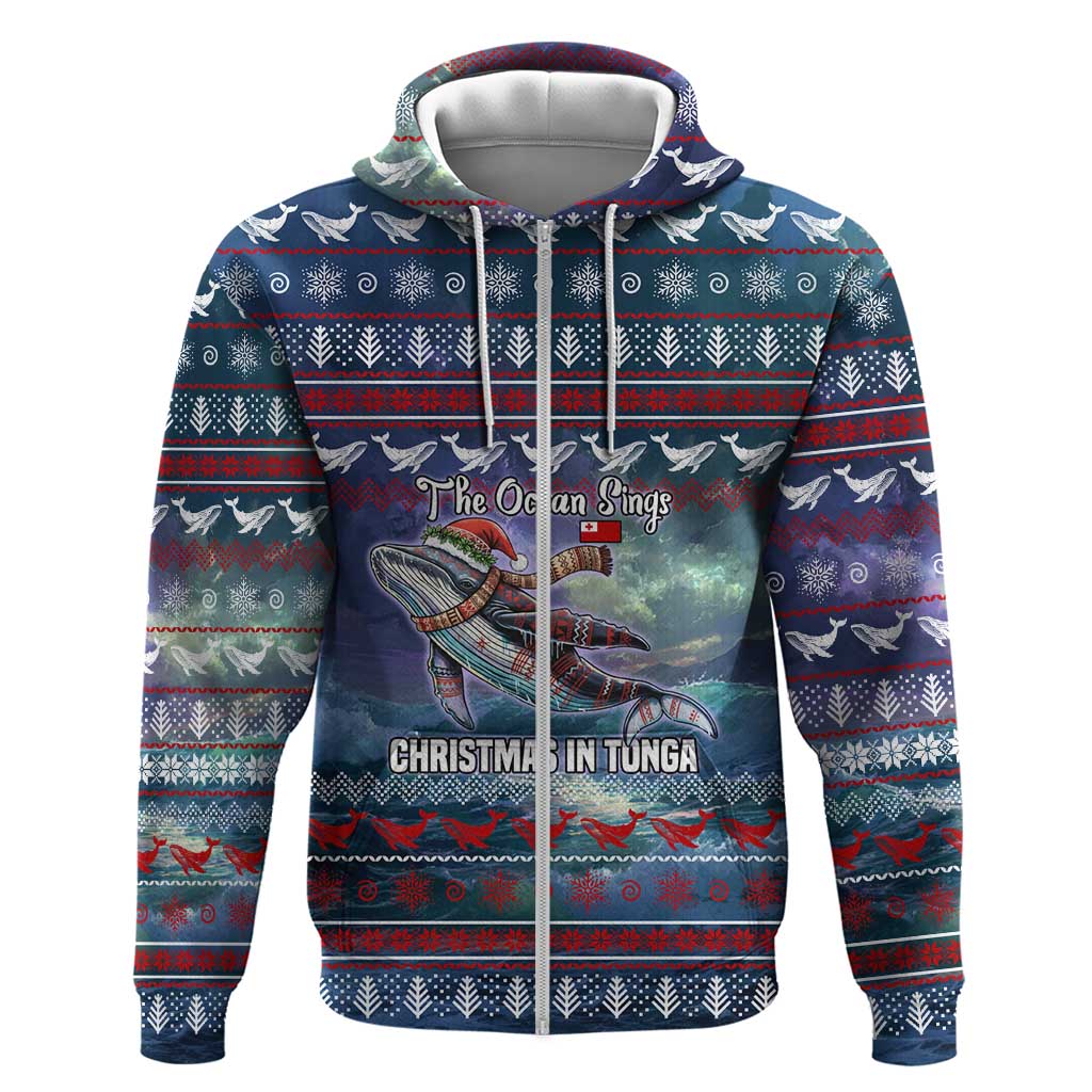 Tonga Christmas Hoodie with Singing Whale Ocean Scene National Coat of Arms TS04 Zip Hoodie Multicolor - Polynesian Pride