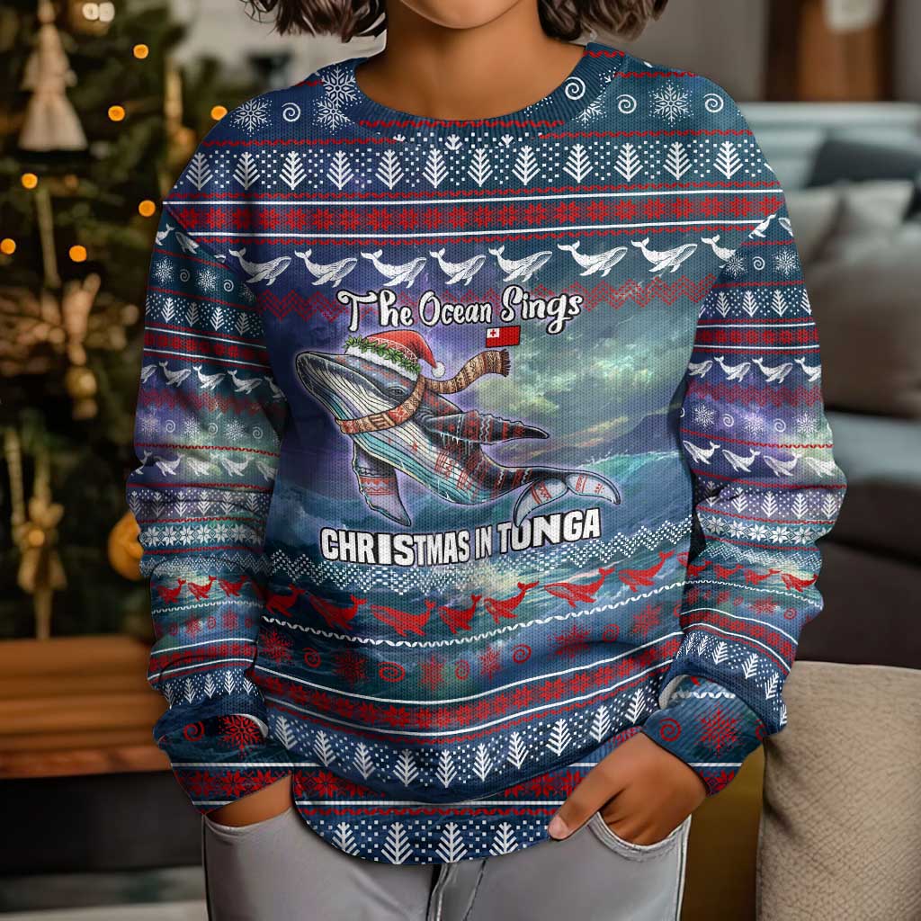 Tonga Christmas Kid Ugly Christmas Sweater with Singing Whale Ocean Scene National Coat of Arms TS04 - Polynesian Pride