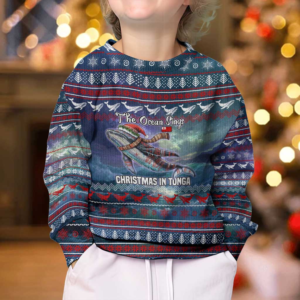 Tonga Christmas Kid Ugly Christmas Sweater with Singing Whale Ocean Scene National Coat of Arms TS04 - Polynesian Pride