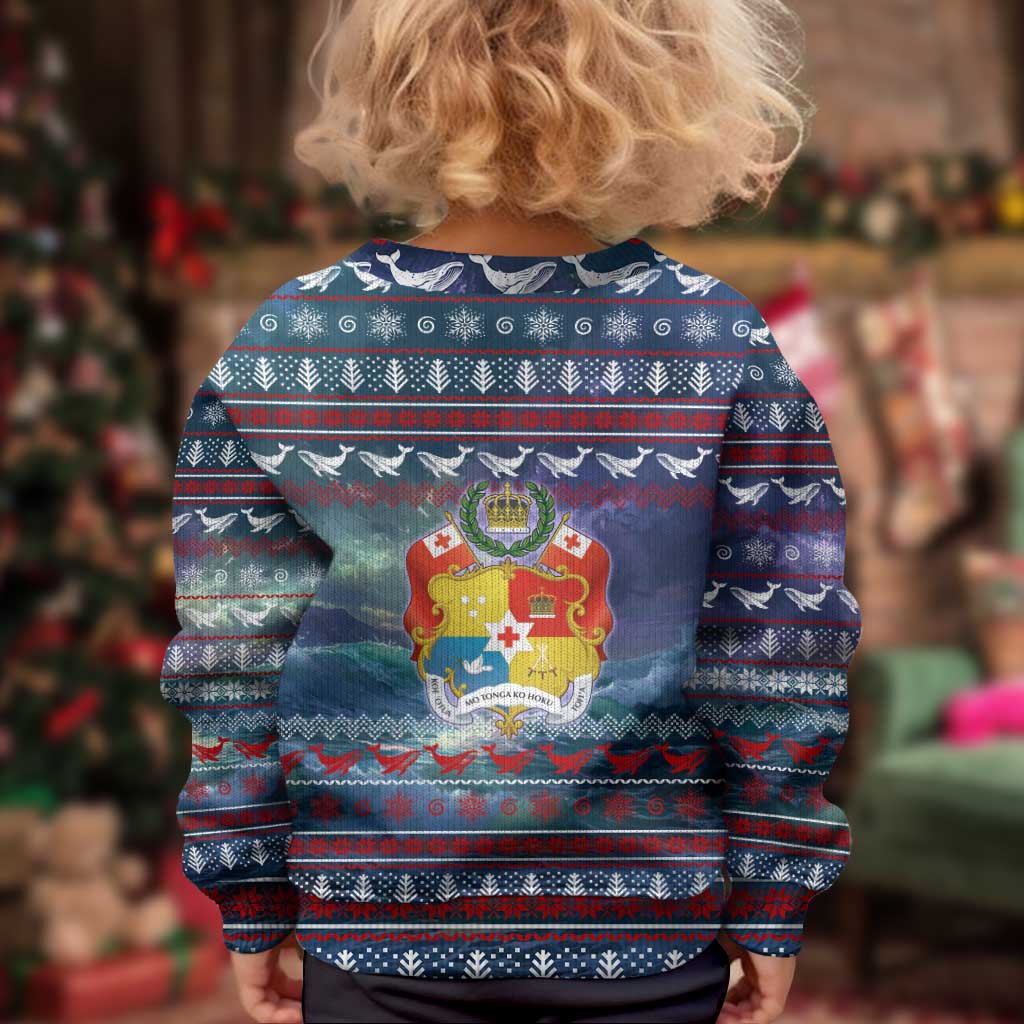 Tonga Christmas Kid Ugly Christmas Sweater with Singing Whale Ocean Scene National Coat of Arms TS04 - Polynesian Pride