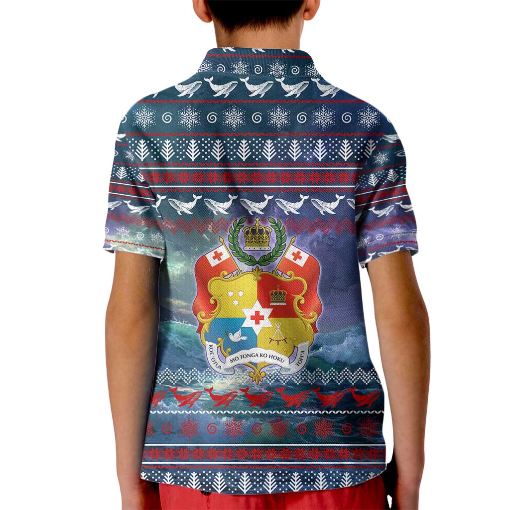 Tonga Christmas Kid Polo Shirt with Singing Whale Ocean Scene National Coat of Arms - Polynesian Pride