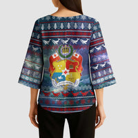 Tonga Christmas Kimono Sleeve Blouse with Singing Whale Ocean Scene National Coat of Arms - Polynesian Pride