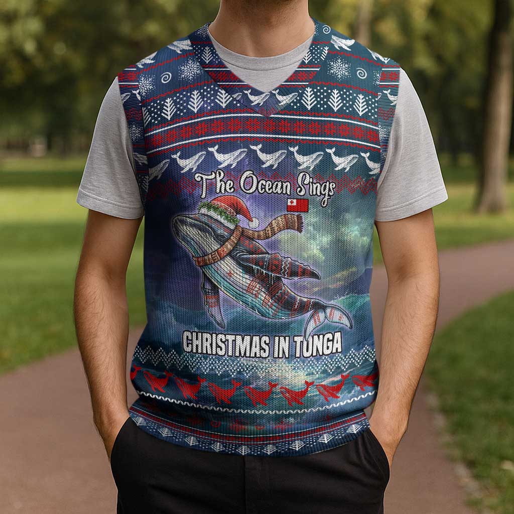 Tonga Christmas Knitted V-Neck Vest with Singing Whale Ocean Scene National Coat of Arms TS04 - Polynesian Pride