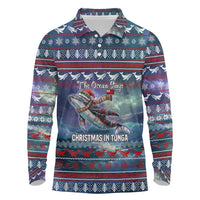 Tonga Christmas Long Sleeve Polo Shirt with Singing Whale Ocean Scene National Coat of Arms - Polynesian Pride