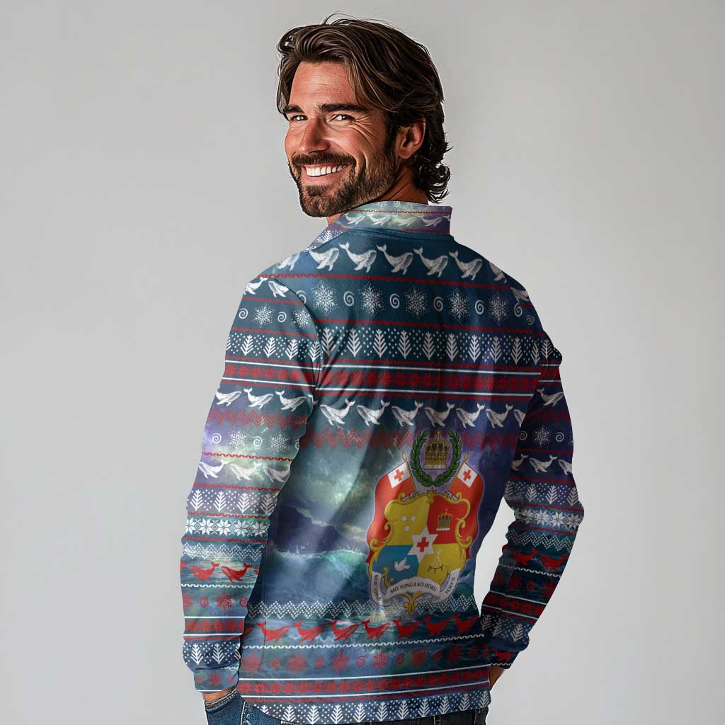 Tonga Christmas Long Sleeve Polo Shirt with Singing Whale Ocean Scene National Coat of Arms - Polynesian Pride