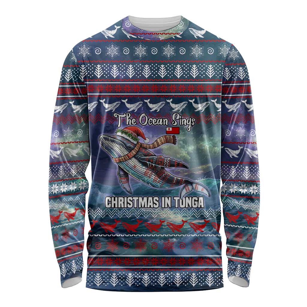 Tonga Christmas Long Sleeve Shirt with Singing Whale Ocean Scene National Coat of Arms TS04 Unisex Multicolor - Polynesian Pride