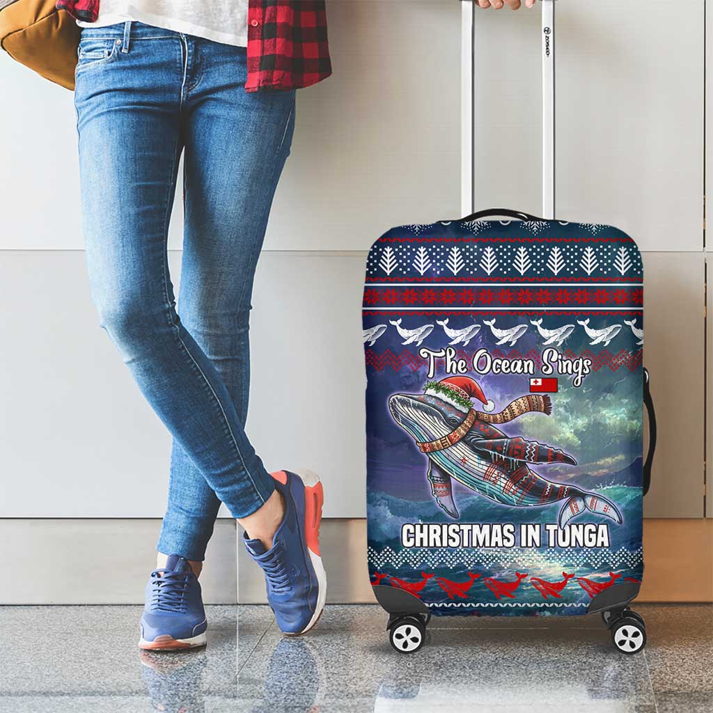 Tonga Christmas Luggage Cover with Singing Whale Ocean Scene National Coat of Arms - Polynesian Pride