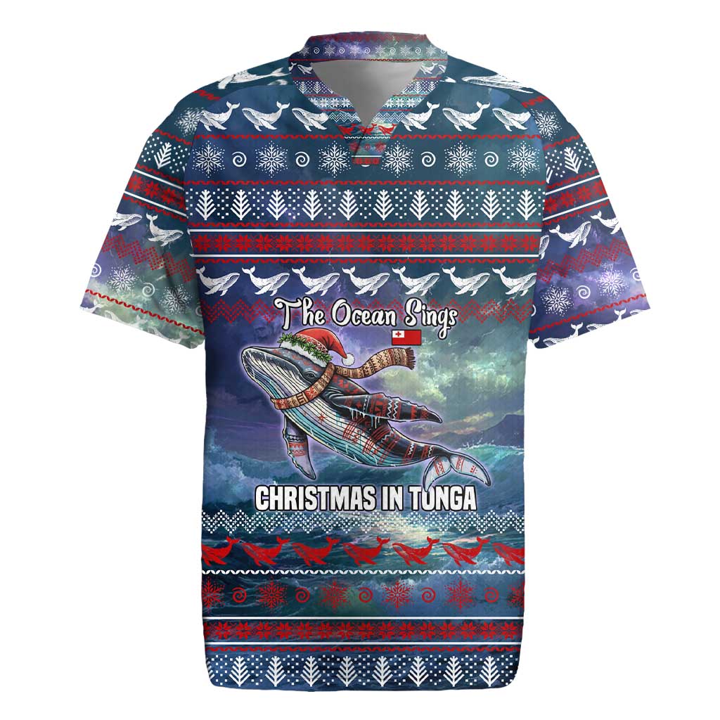 Tonga Christmas Rugby Jersey with Singing Whale Ocean Scene National Coat of Arms - Polynesian Pride