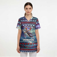Tonga Christmas Scrub Top with Singing Whale Ocean Scene National Coat of Arms - Polynesian Pride