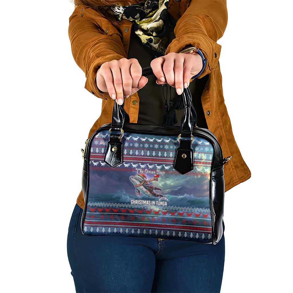 Tonga Christmas Shoulder Handbag with Singing Whale Ocean Scene National Coat of Arms - Polynesian Pride