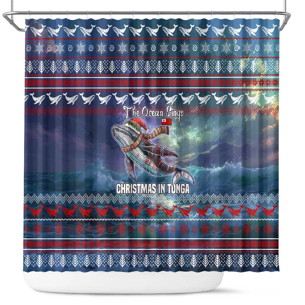 Tonga Christmas Shower Curtain with Singing Whale Ocean Scene National Coat of Arms - Polynesian Pride