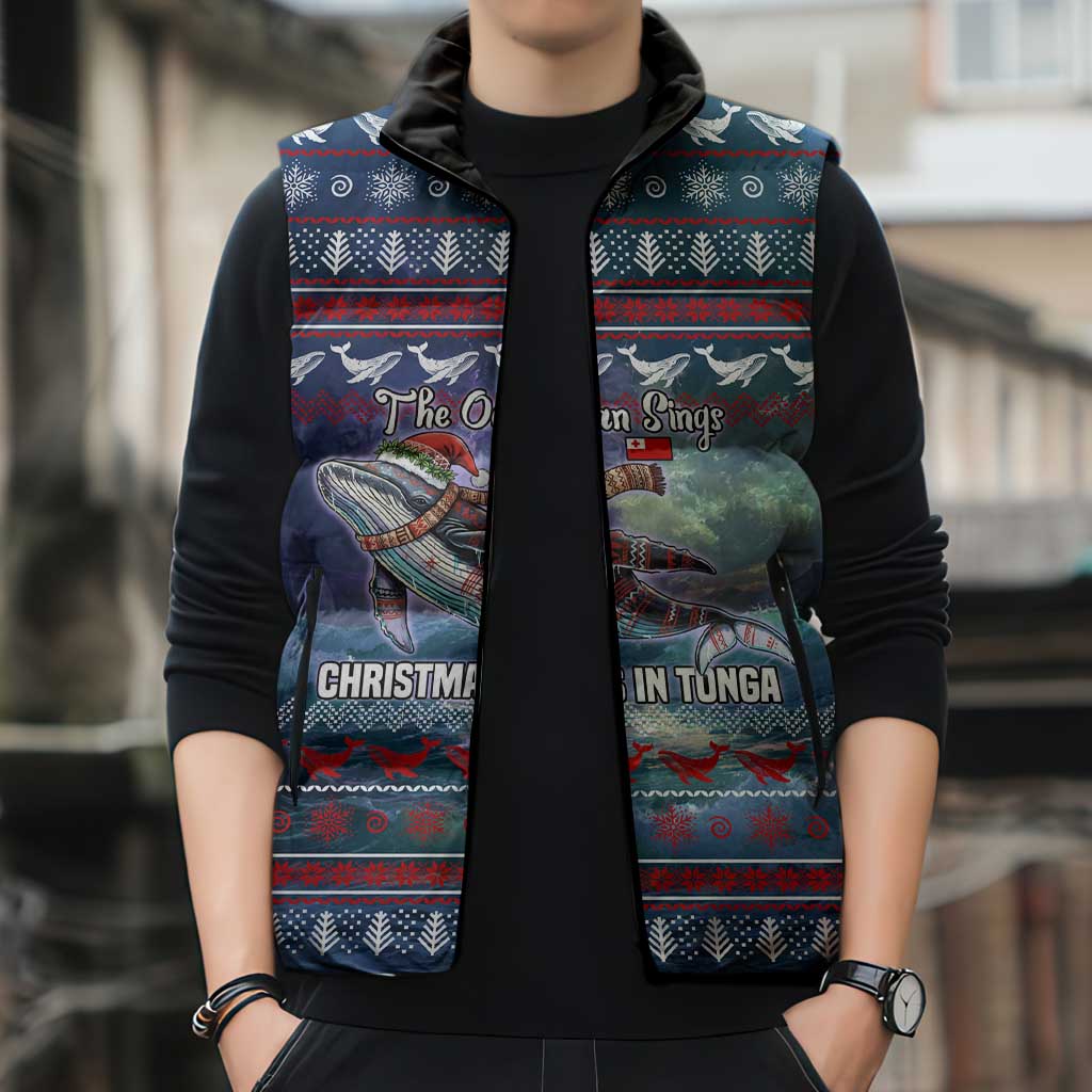 Tonga Christmas Sleeveless Puffer Jacket with Singing Whale Ocean Scene National Coat of Arms - Polynesian Pride