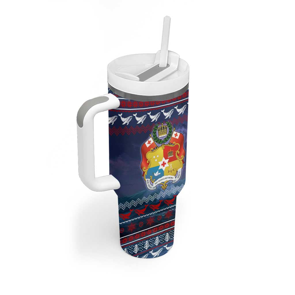 Tonga Christmas Tumbler With Handle with Singing Whale Ocean Scene National Coat of Arms - Polynesian Pride