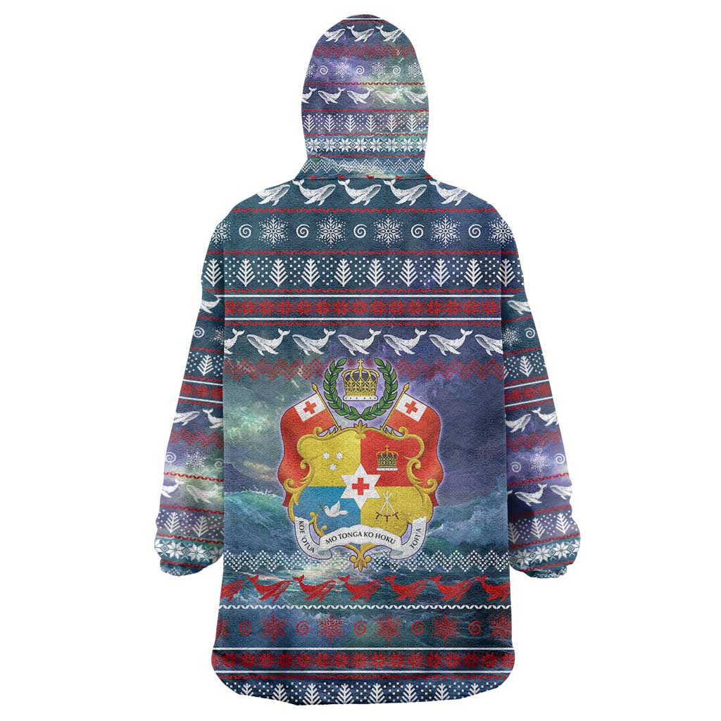 Tonga Christmas Wearable Blanket Hoodie with Singing Whale Ocean Scene National Coat of Arms - Polynesian Pride