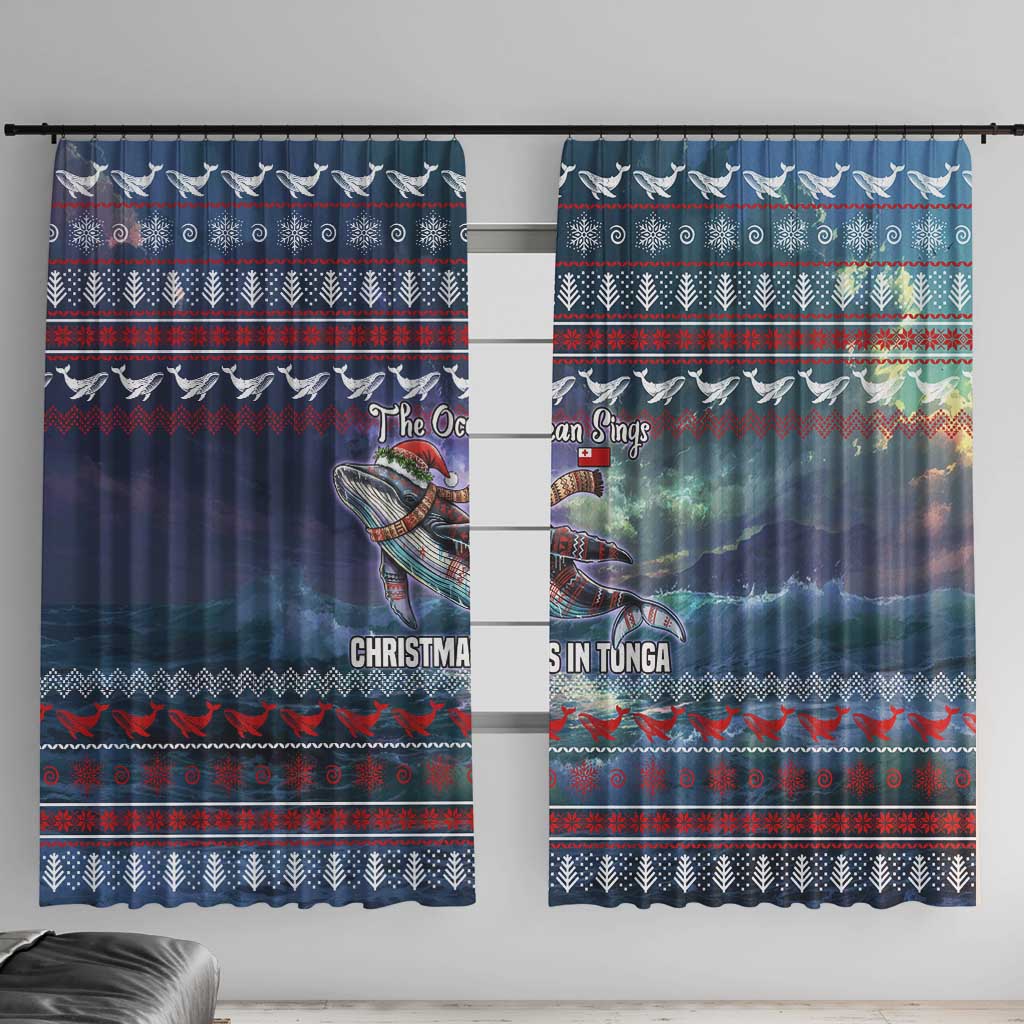 Tonga Christmas Window Curtain with Singing Whale Ocean Scene National Coat of Arms - Polynesian Pride