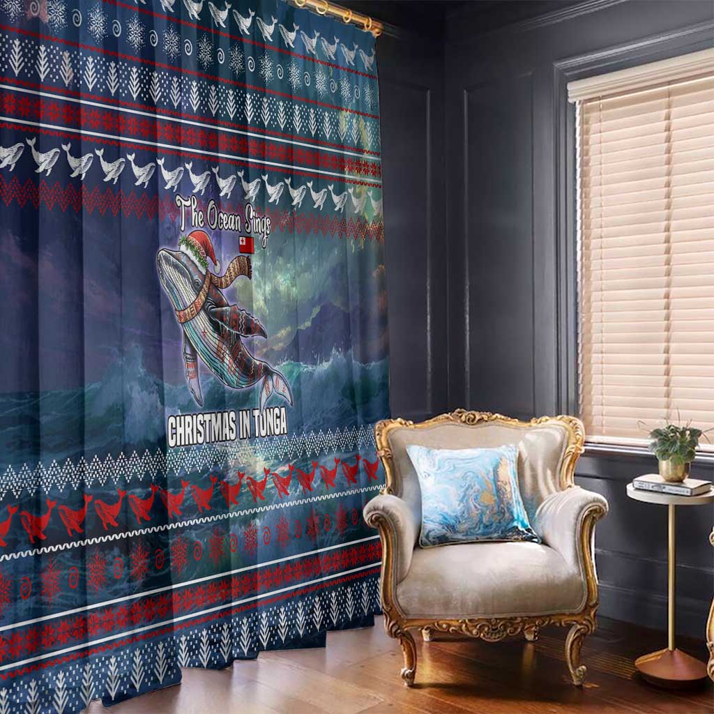Tonga Christmas Window Curtain with Singing Whale Ocean Scene National Coat of Arms - Polynesian Pride