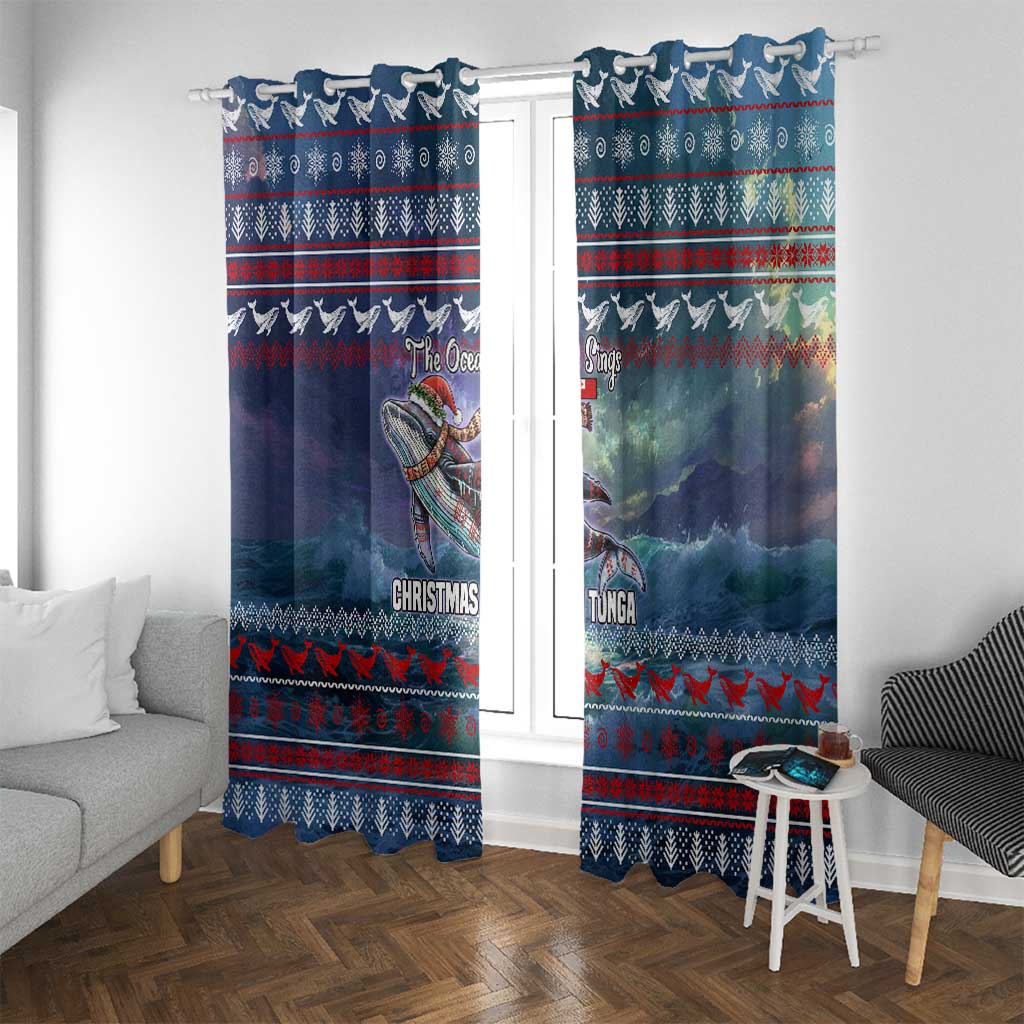 Tonga Christmas Window Curtain with Singing Whale Ocean Scene National Coat of Arms - Polynesian Pride
