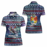 Tonga Christmas Women Polo Shirt with Singing Whale Ocean Scene National Coat of Arms - Polynesian Pride
