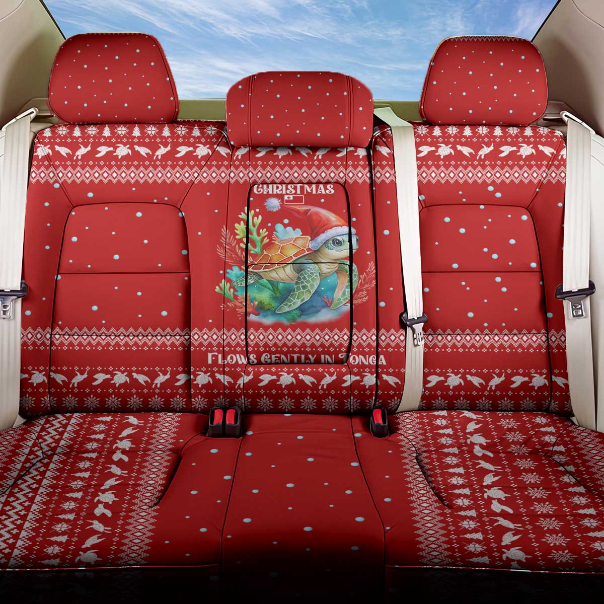 Tonga Christmas Back Car Seat Cover with Sea Turtle Coral Reef Design Snowflake Pattern and National Emblem - Polynesian Pride