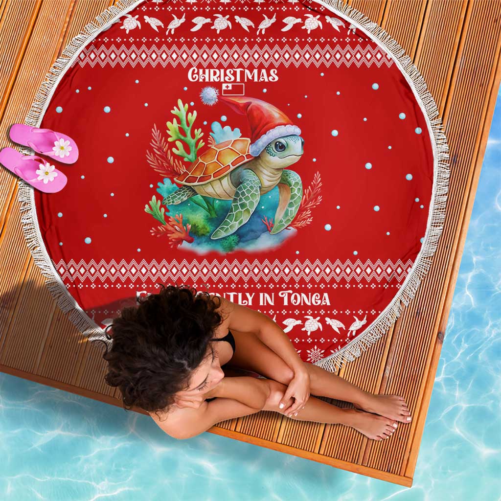 Tonga Christmas Beach Blanket with Sea Turtle Coral Reef Design Snowflake Pattern and National Emblem - Polynesian Pride