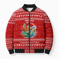 Tonga Christmas Bomber Puffer Jacket with Sea Turtle Coral Reef Design Snowflake Pattern and National Emblem - Polynesian Pride