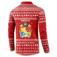 Tonga Christmas Button Sweatshirt with Sea Turtle Coral Reef Design Snowflake Pattern and National Emblem - Polynesian Pride