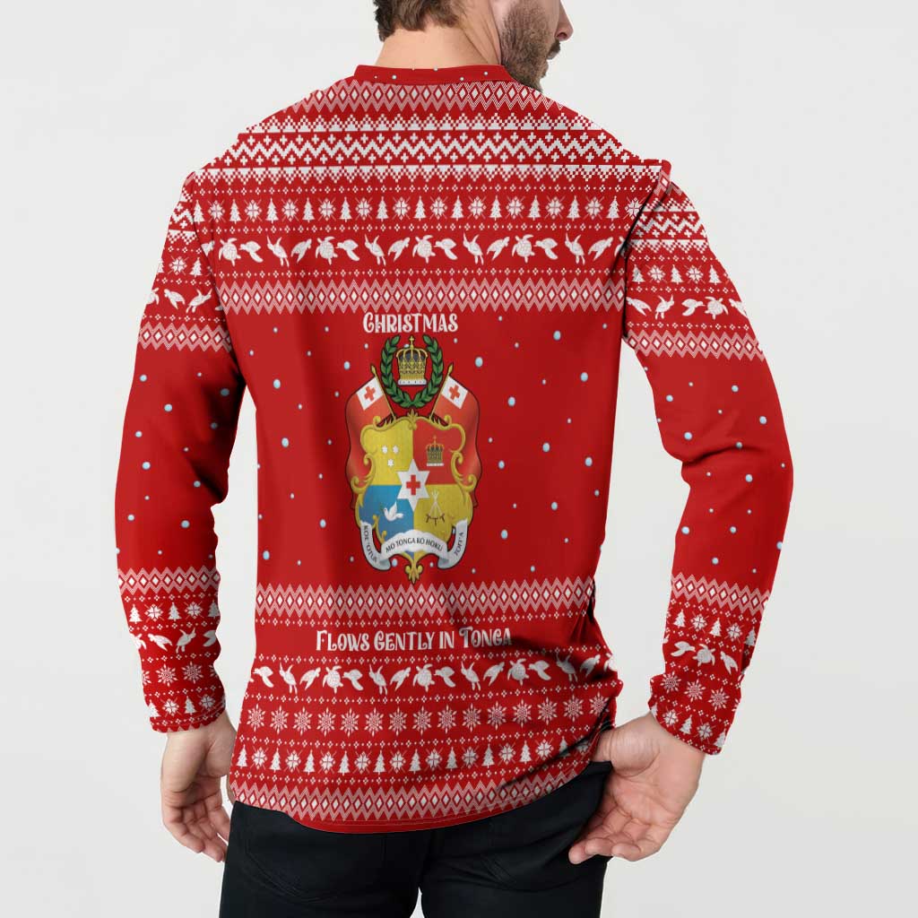 Tonga Christmas Button Sweatshirt with Sea Turtle Coral Reef Design Snowflake Pattern and National Emblem - Polynesian Pride