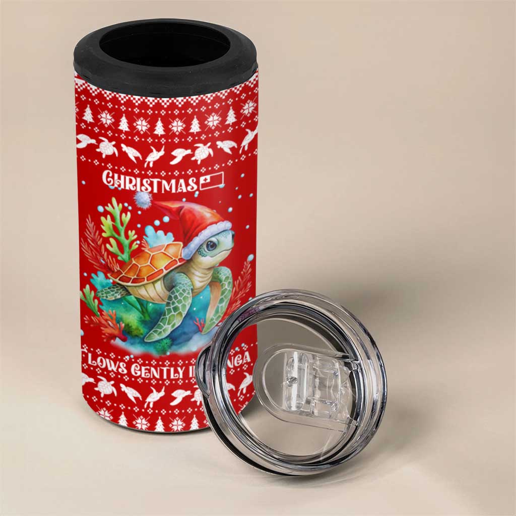 Tonga Christmas 4 in 1 Can Cooler Tumbler with Sea Turtle Coral Reef Design Snowflake Pattern and National Emblem - Polynesian Pride
