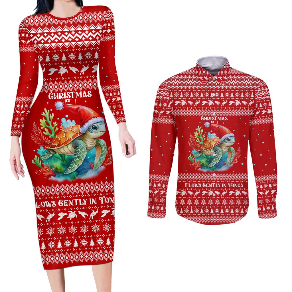 Tonga Christmas Couples Matching Long Sleeve Bodycon Dress and Long Sleeve Button Shirt with Sea Turtle Coral Reef Design Snowflake Pattern and National Emblem - Polynesian Pride