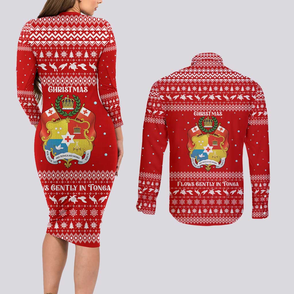 Tonga Christmas Couples Matching Long Sleeve Bodycon Dress and Long Sleeve Button Shirt with Sea Turtle Coral Reef Design Snowflake Pattern and National Emblem - Polynesian Pride