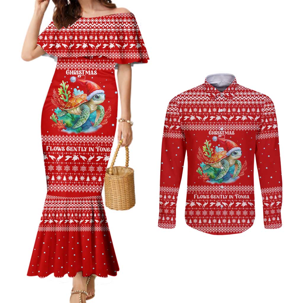 Tonga Christmas Couples Matching Mermaid Dress and Long Sleeve Button Shirt with Sea Turtle Coral Reef Design Snowflake Pattern and National Emblem - Polynesian Pride
