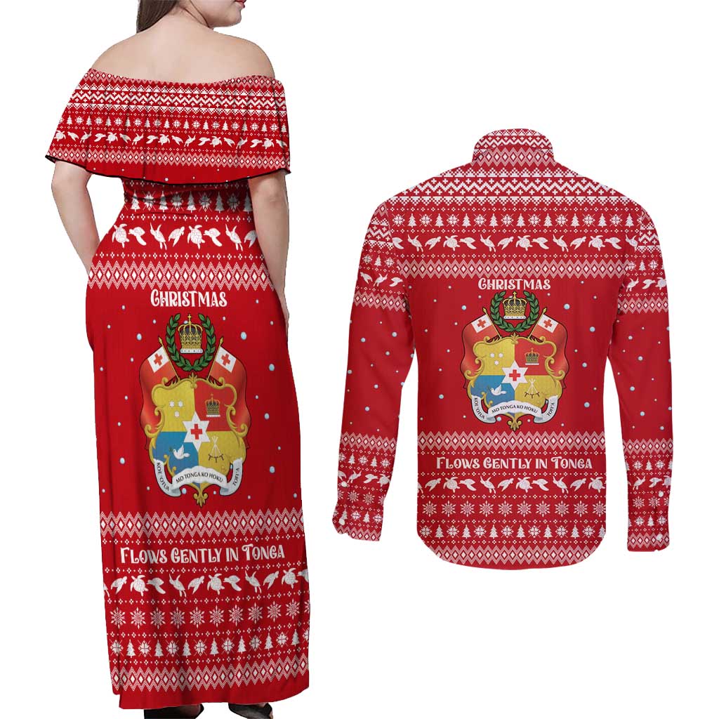Tonga Christmas Couples Matching Off Shoulder Maxi Dress and Long Sleeve Button Shirt with Sea Turtle Coral Reef Design Snowflake Pattern and National Emblem - Polynesian Pride