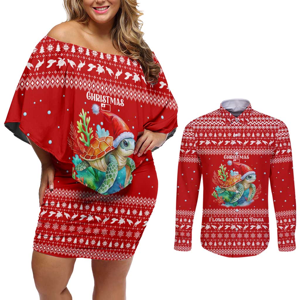 Tonga Christmas Couples Matching Off Shoulder Short Dress and Long Sleeve Button Shirt with Sea Turtle Coral Reef Design Snowflake Pattern and National Emblem - Polynesian Pride