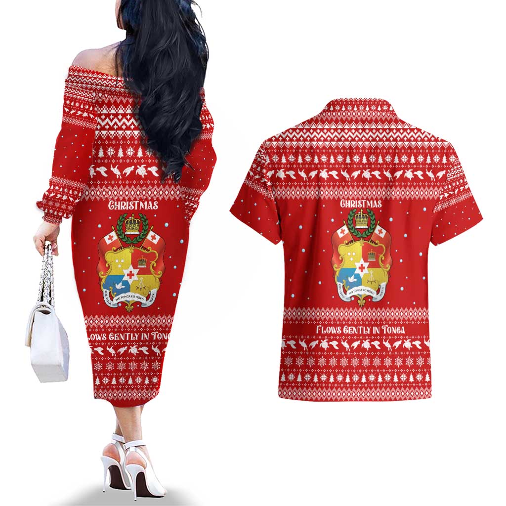 Tonga Christmas Couples Matching Off The Shoulder Long Sleeve Dress and Hawaiian Shirt with Sea Turtle Coral Reef Design Snowflake Pattern and National Emblem - Polynesian Pride