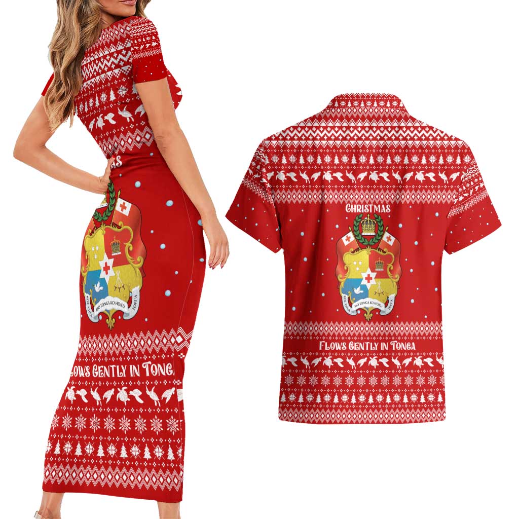 Tonga Christmas Couples Matching Short Sleeve Bodycon Dress and Hawaiian Shirt with Sea Turtle Coral Reef Design Snowflake Pattern and National Emblem - Polynesian Pride