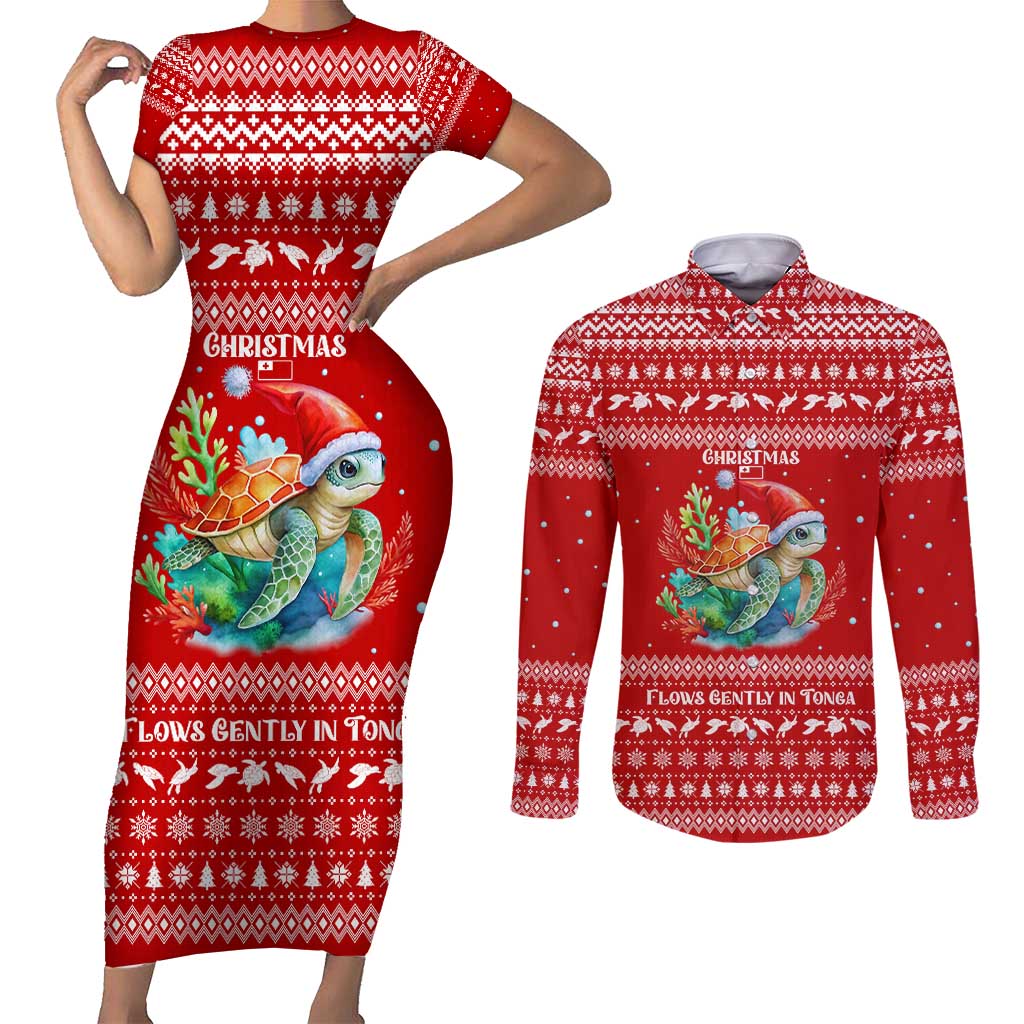 Tonga Christmas Couples Matching Short Sleeve Bodycon Dress and Long Sleeve Button Shirt with Sea Turtle Coral Reef Design Snowflake Pattern and National Emblem - Polynesian Pride
