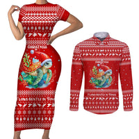 Tonga Christmas Couples Matching Short Sleeve Bodycon Dress and Long Sleeve Button Shirt with Sea Turtle Coral Reef Design Snowflake Pattern and National Emblem - Polynesian Pride