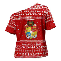 Tonga Christmas Cross Shoulder Shirt with Sea Turtle Coral Reef Design Snowflake Pattern and National Emblem - Polynesian Pride