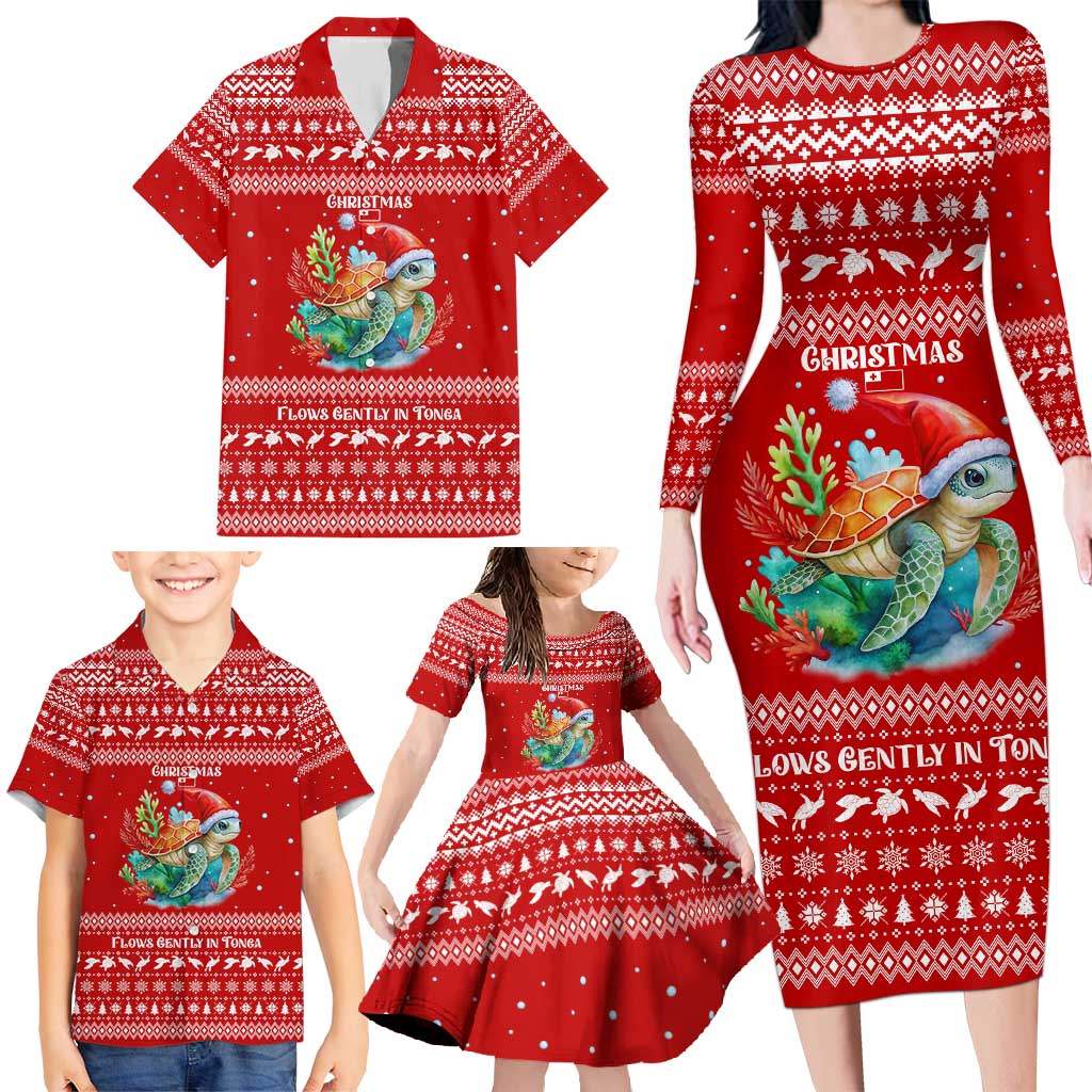 Tonga Christmas Family Matching Long Sleeve Bodycon Dress and Hawaiian Shirt with Sea Turtle Coral Reef Design Snowflake Pattern and National Emblem - Polynesian Pride