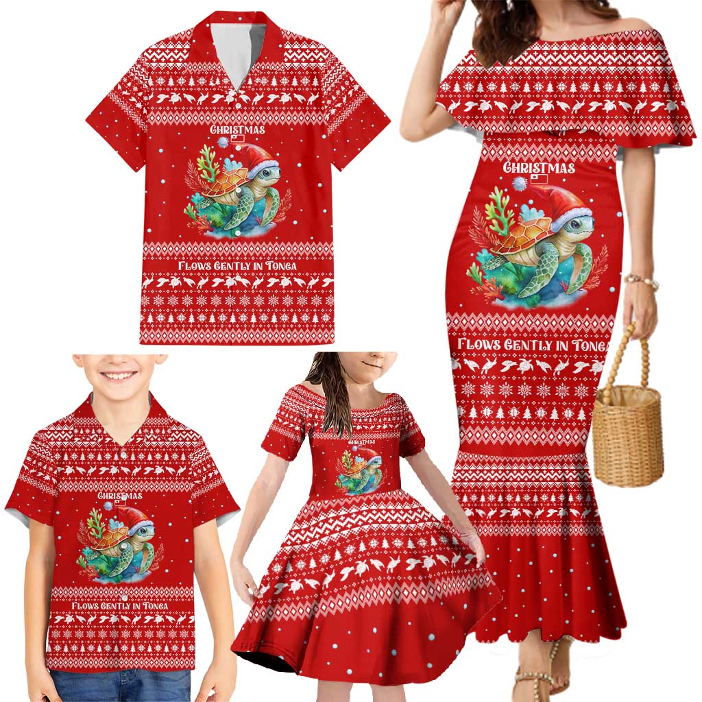 Tonga Christmas Family Matching Mermaid Dress and Hawaiian Shirt with Sea Turtle Coral Reef Design Snowflake Pattern and National Emblem - Polynesian Pride