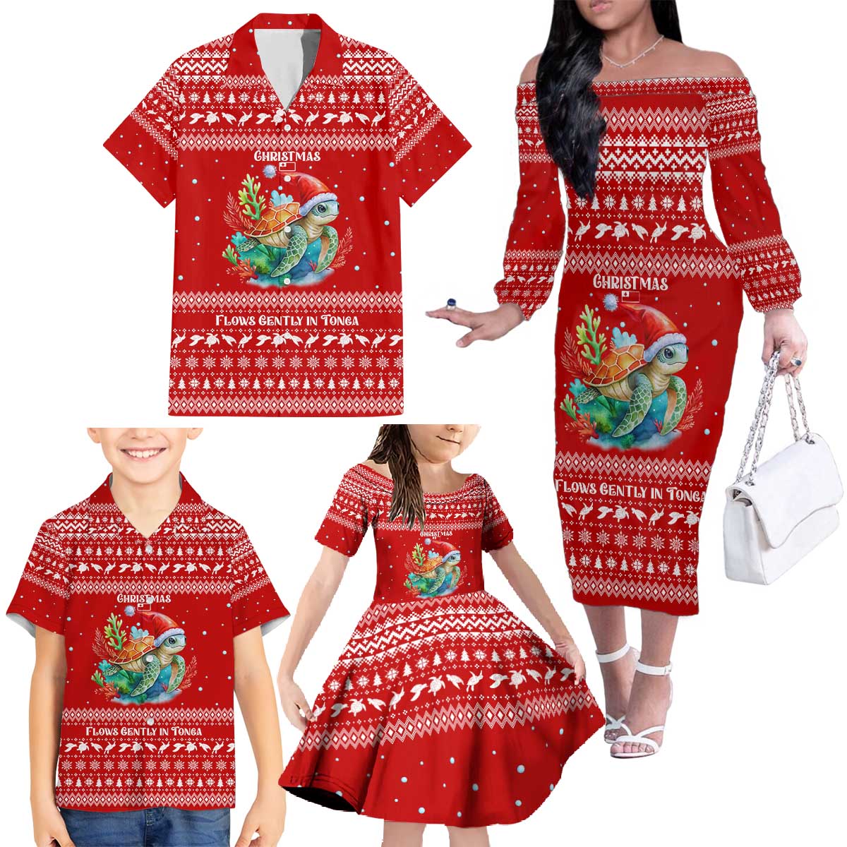 Tonga Christmas Family Matching Off The Shoulder Long Sleeve Dress and Hawaiian Shirt with Sea Turtle Coral Reef Design Snowflake Pattern and National Emblem - Polynesian Pride
