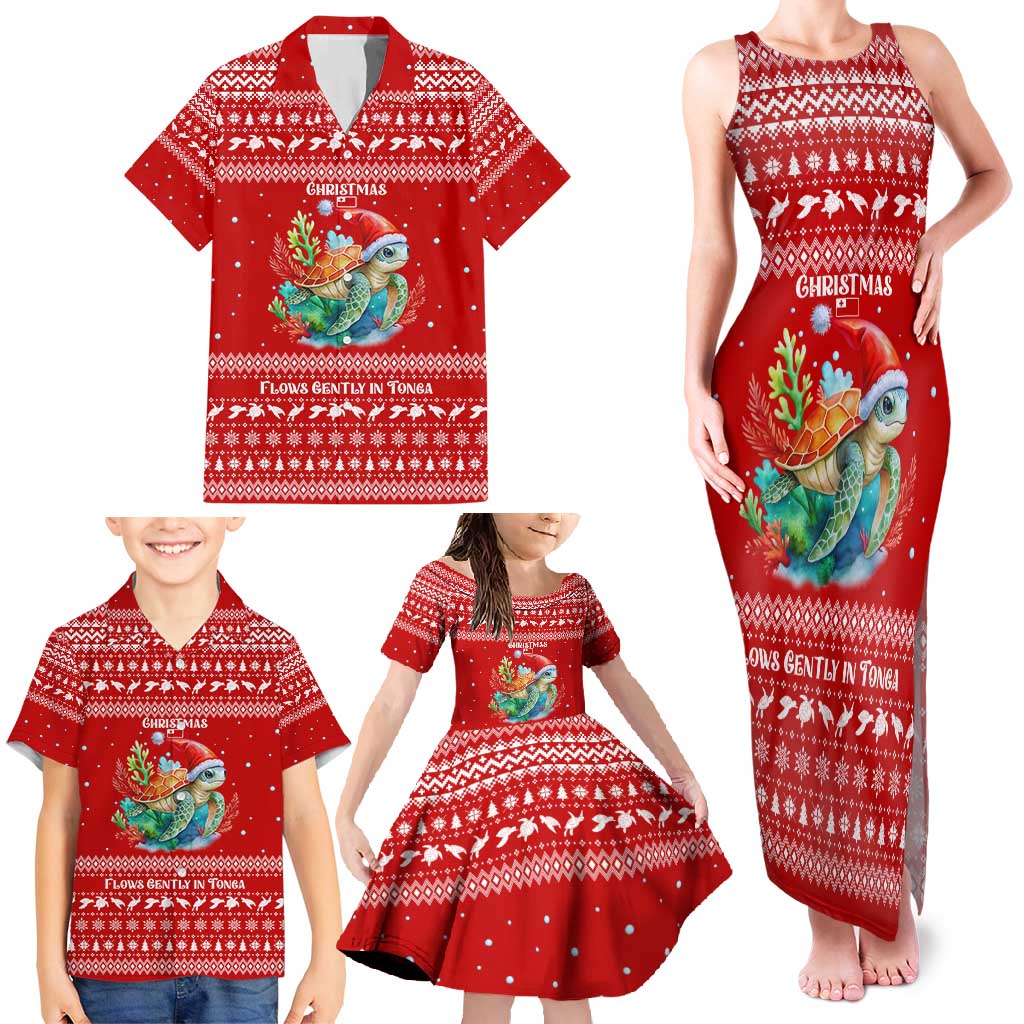 Tonga Christmas Family Matching Tank Maxi Dress and Hawaiian Shirt with Sea Turtle Coral Reef Design Snowflake Pattern and National Emblem - Polynesian Pride