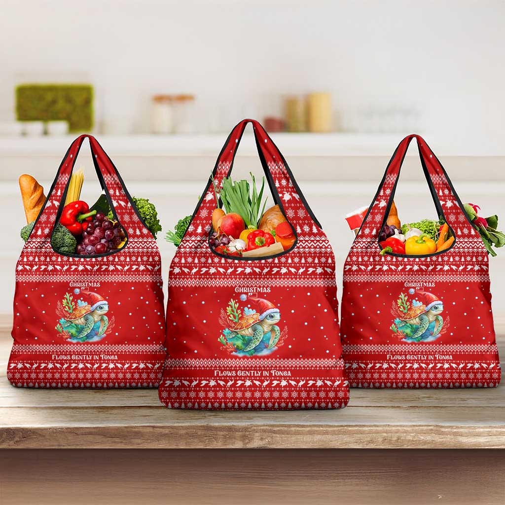 Tonga Christmas Grocery Bag with Sea Turtle Coral Reef Design Snowflake Pattern and National Emblem - Polynesian Pride