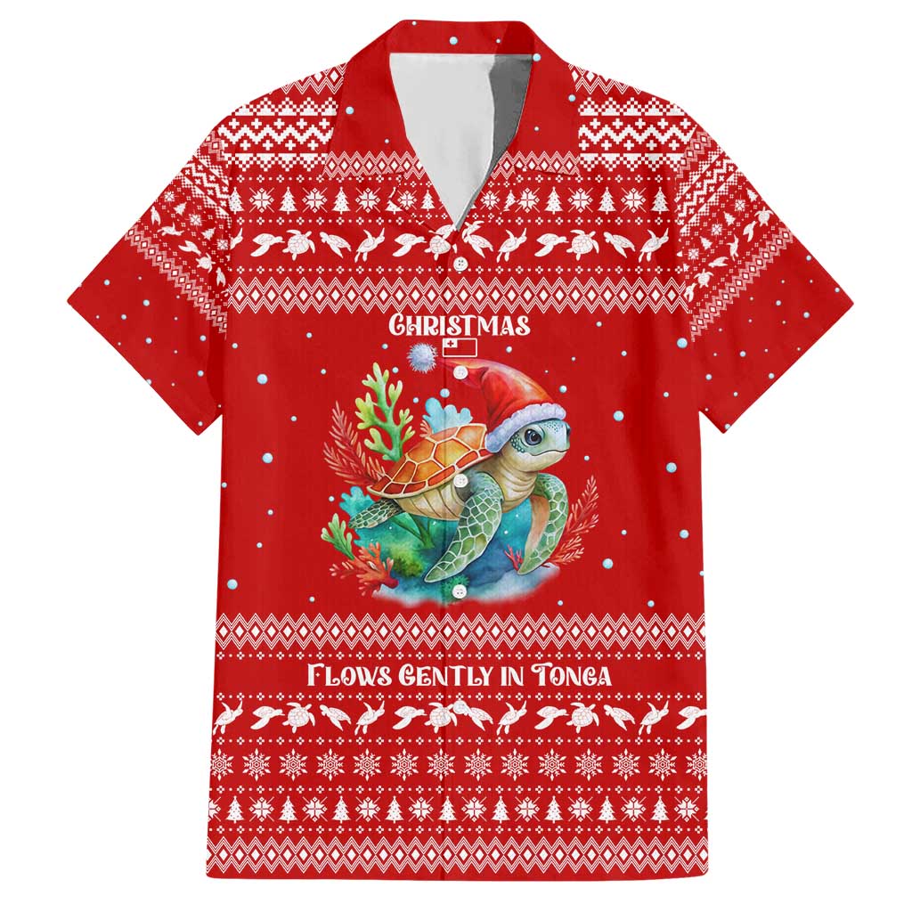 Tonga Christmas Hawaiian Shirt with Sea Turtle Coral Reef Design Snowflake Pattern and National Emblem - Polynesian Pride