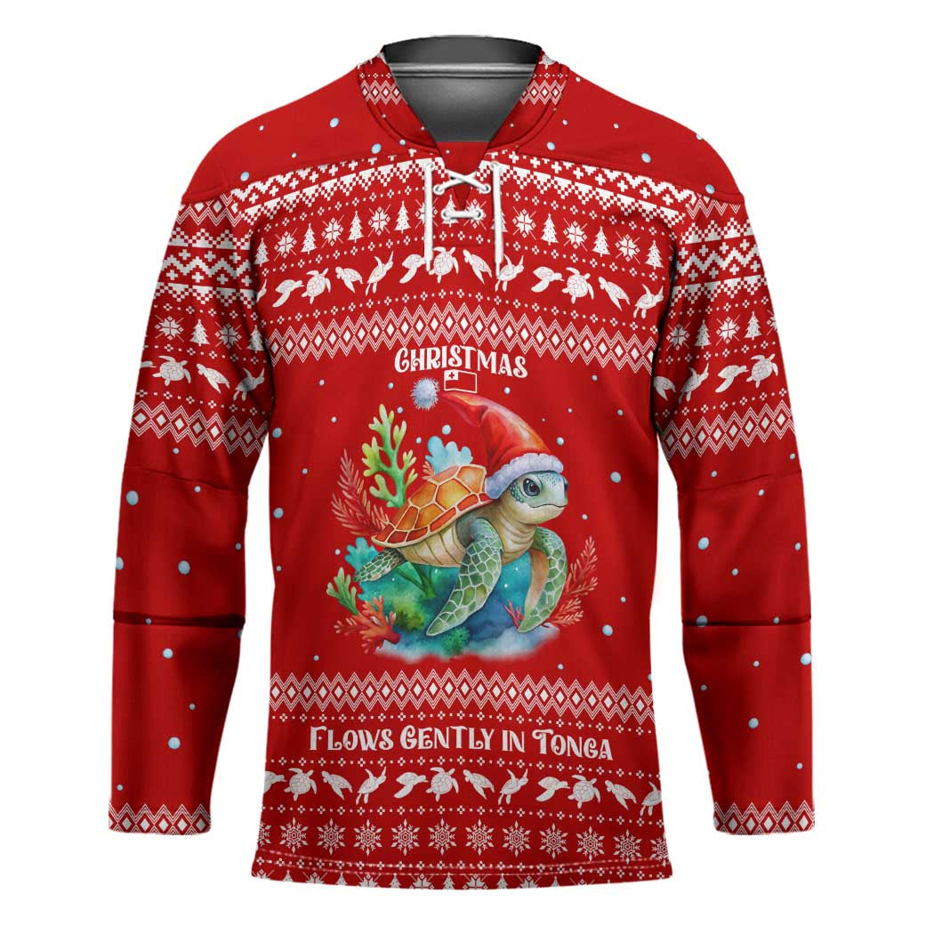 Tonga Christmas Hockey Jersey with Sea Turtle Coral Reef Design Snowflake Pattern and National Emblem - Polynesian Pride