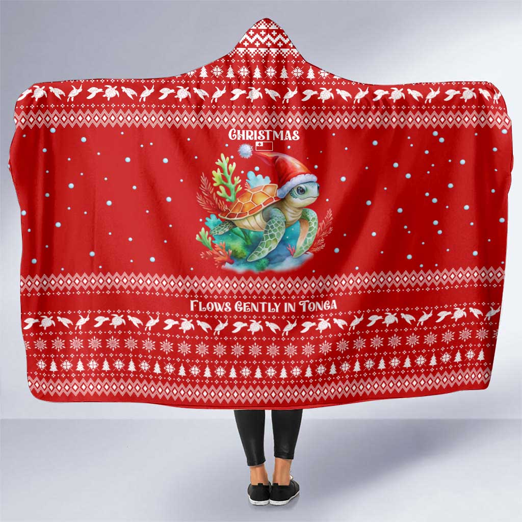Tonga Christmas Hooded Blanket with Sea Turtle Coral Reef Design Snowflake Pattern and National Emblem - Polynesian Pride