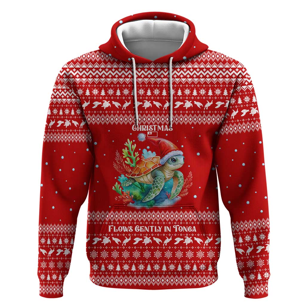 Tonga Christmas Hoodie with Sea Turtle Coral Reef Design Snowflake Pattern and National Emblem - Polynesian Pride