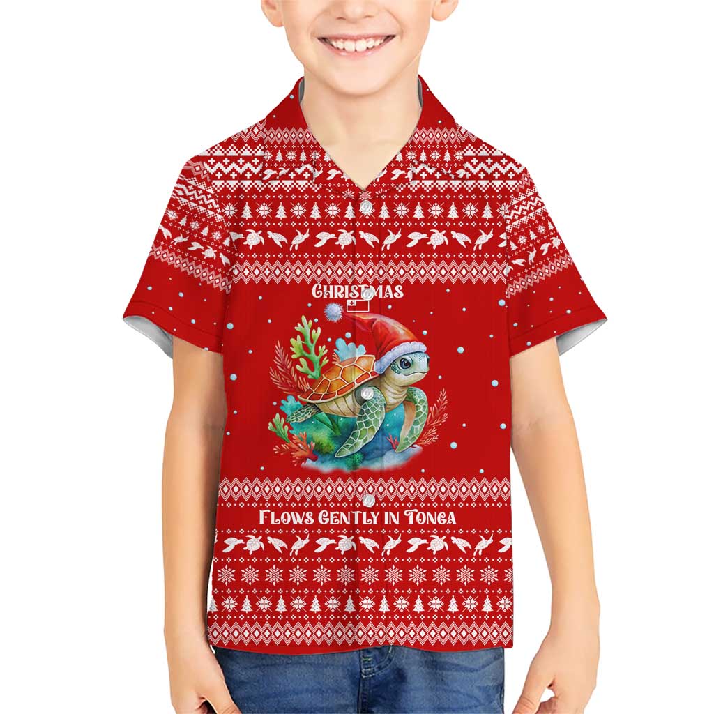 Tonga Christmas Kid Hawaiian Shirt with Sea Turtle Coral Reef Design Snowflake Pattern and National Emblem - Polynesian Pride