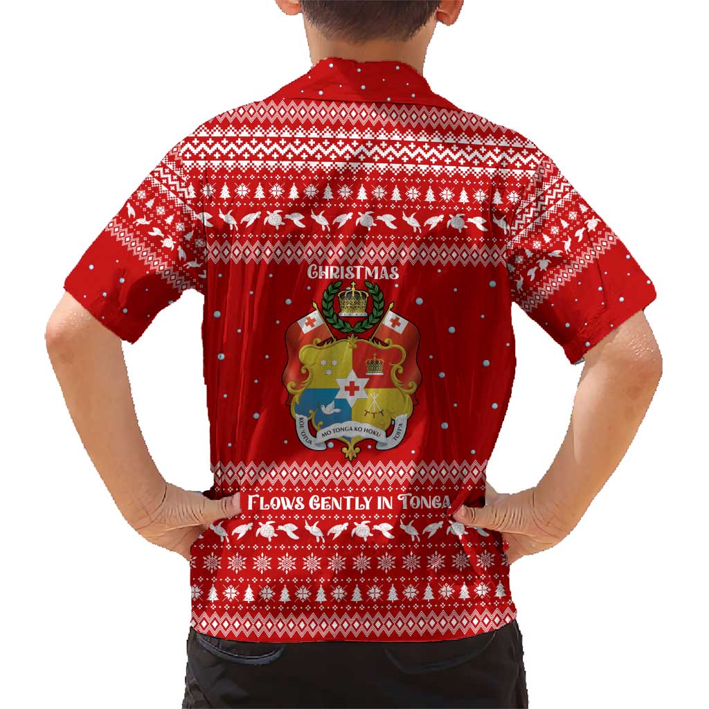 Tonga Christmas Kid Hawaiian Shirt with Sea Turtle Coral Reef Design Snowflake Pattern and National Emblem - Polynesian Pride
