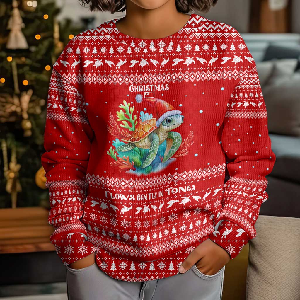 Tonga Christmas Kid Ugly Christmas Sweater with Sea Turtle Coral Reef Design Snowflake Pattern and National Emblem TS04 - Polynesian Pride